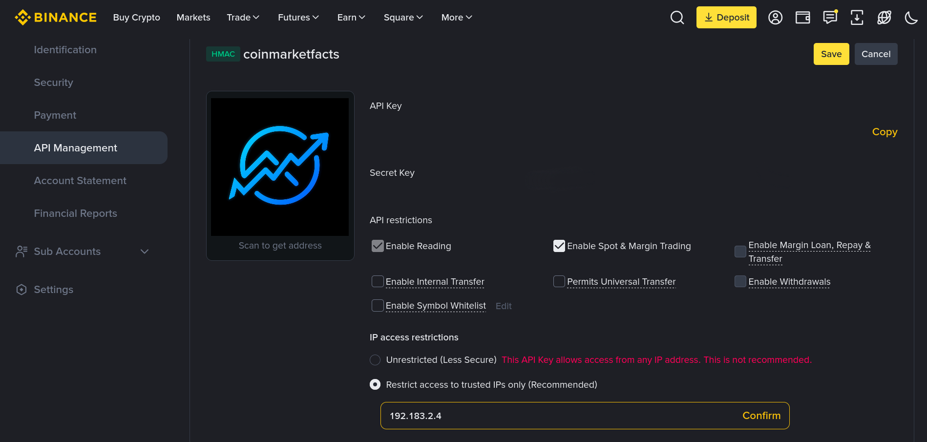 Binance API settings